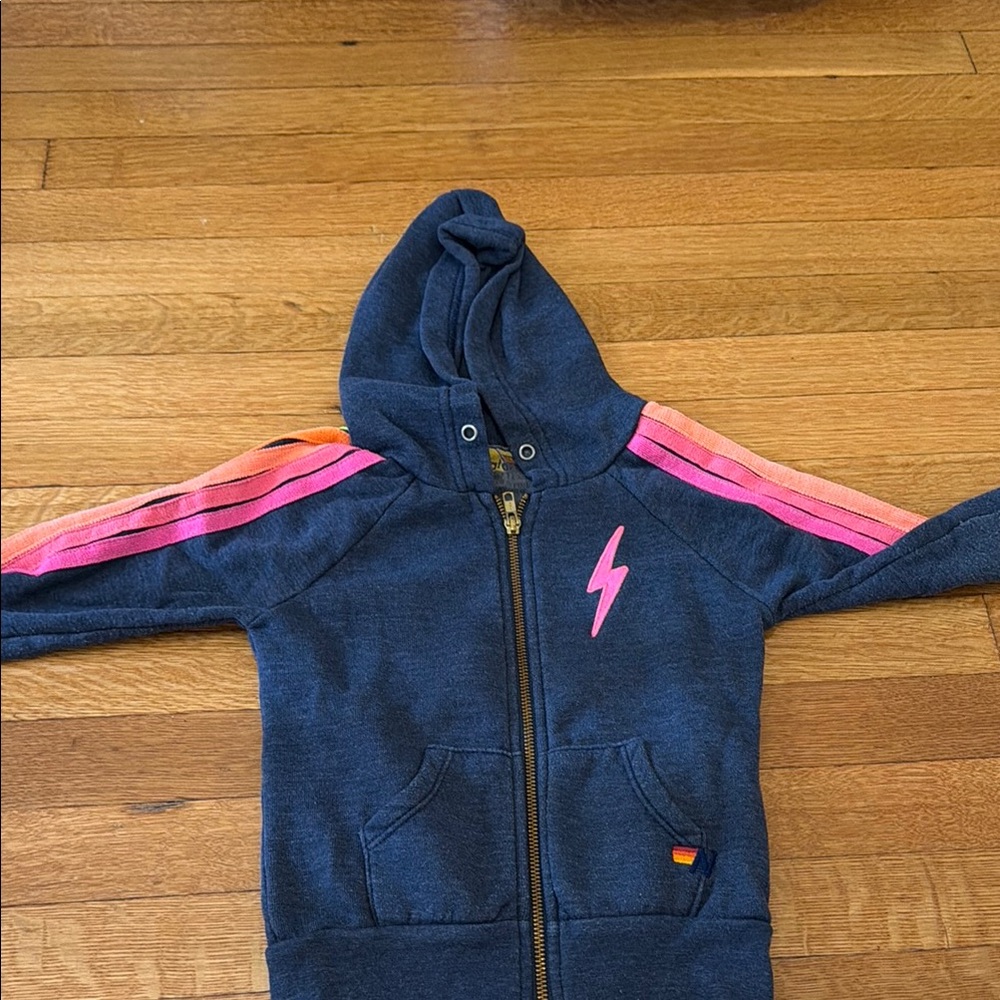Kids Navy Zip-Up Hoodie with Pink Lightning and Stripe Detail